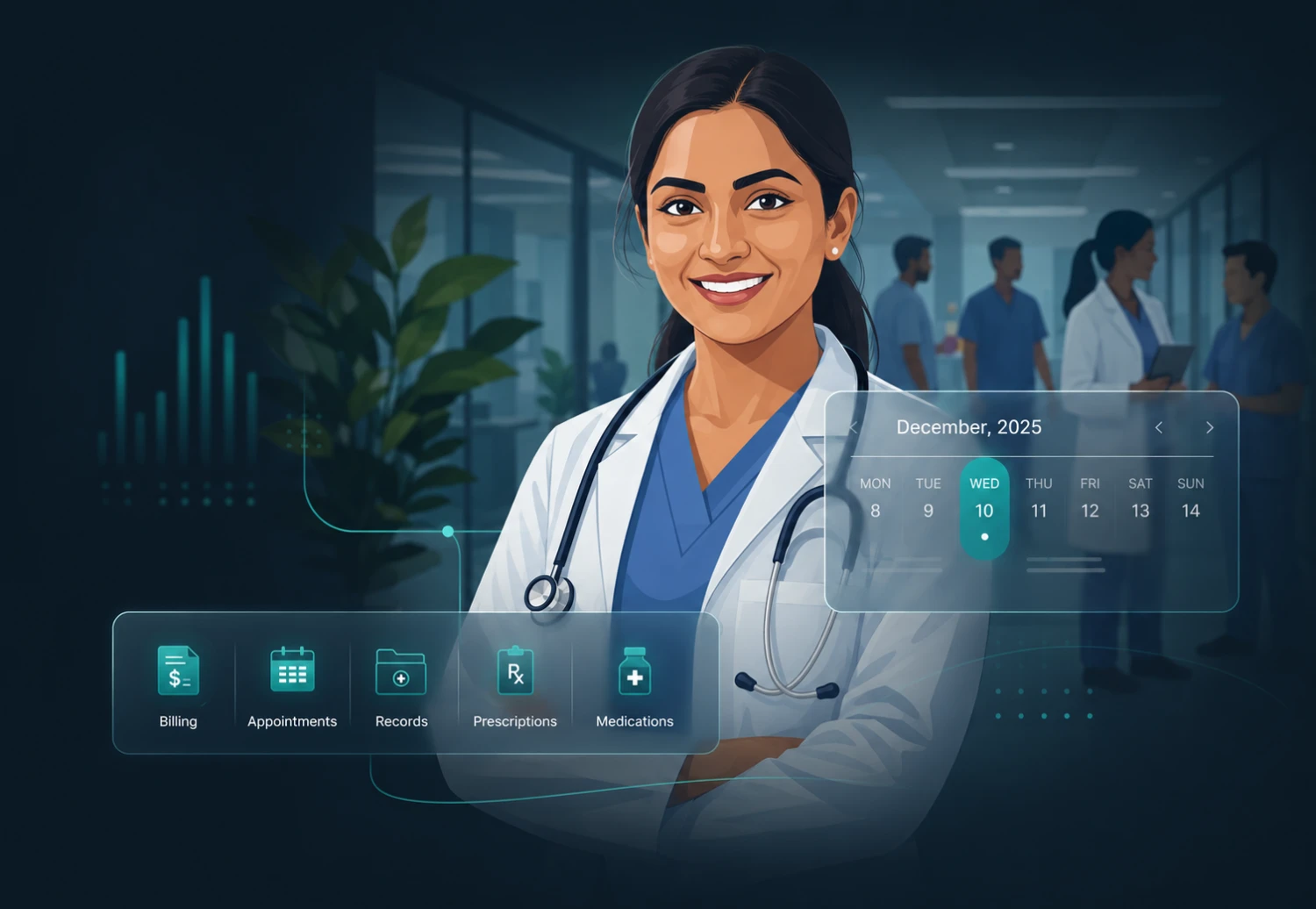 A doctor running her practice on Solomo360 — billing, appointments, records, prescriptions and medications in one platform